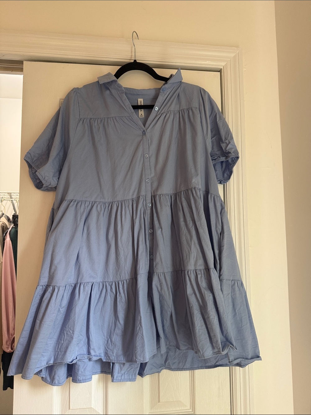 Zenana Outfitters Light Blue Button-Front Tiered Blouse Dress